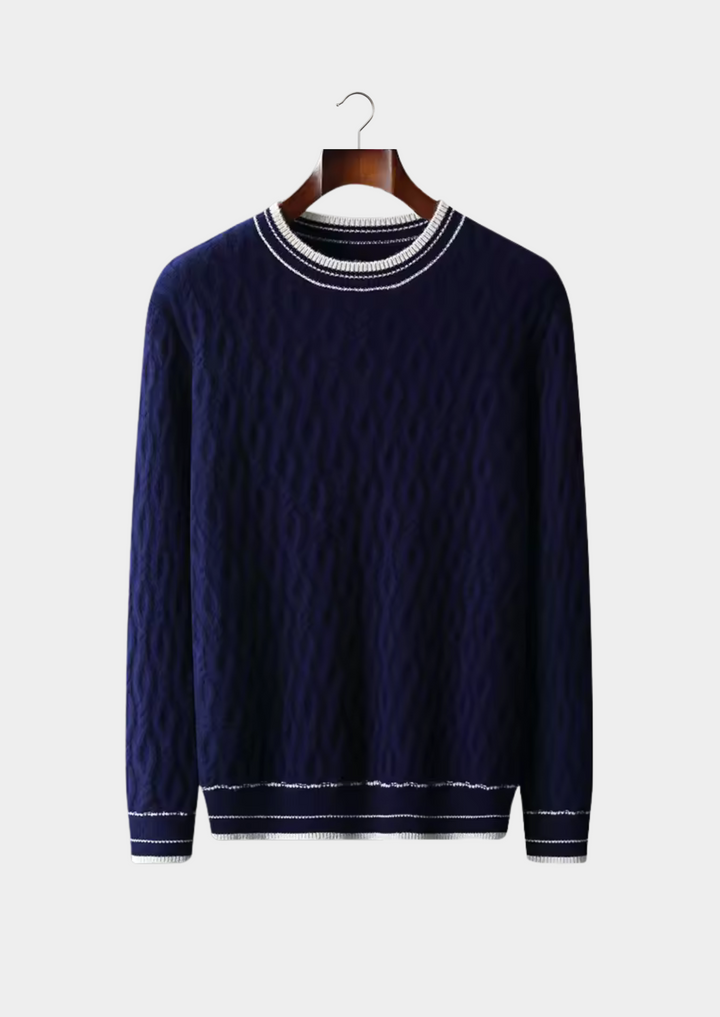 Jacquard Wool Crewneck Sweater with Contrast Tipping