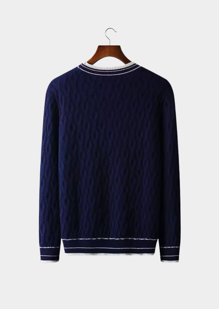 Jacquard Wool Crewneck Sweater with Contrast Tipping
