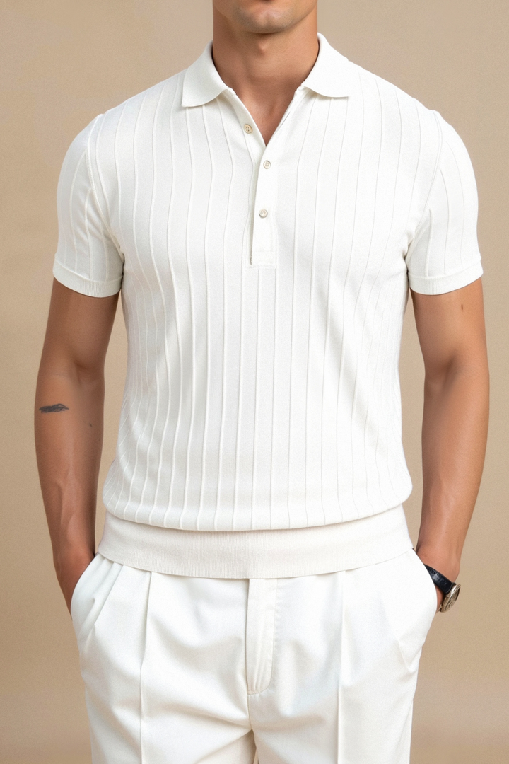 Vertical Ribbed Knit Polo in Viscose Blend
