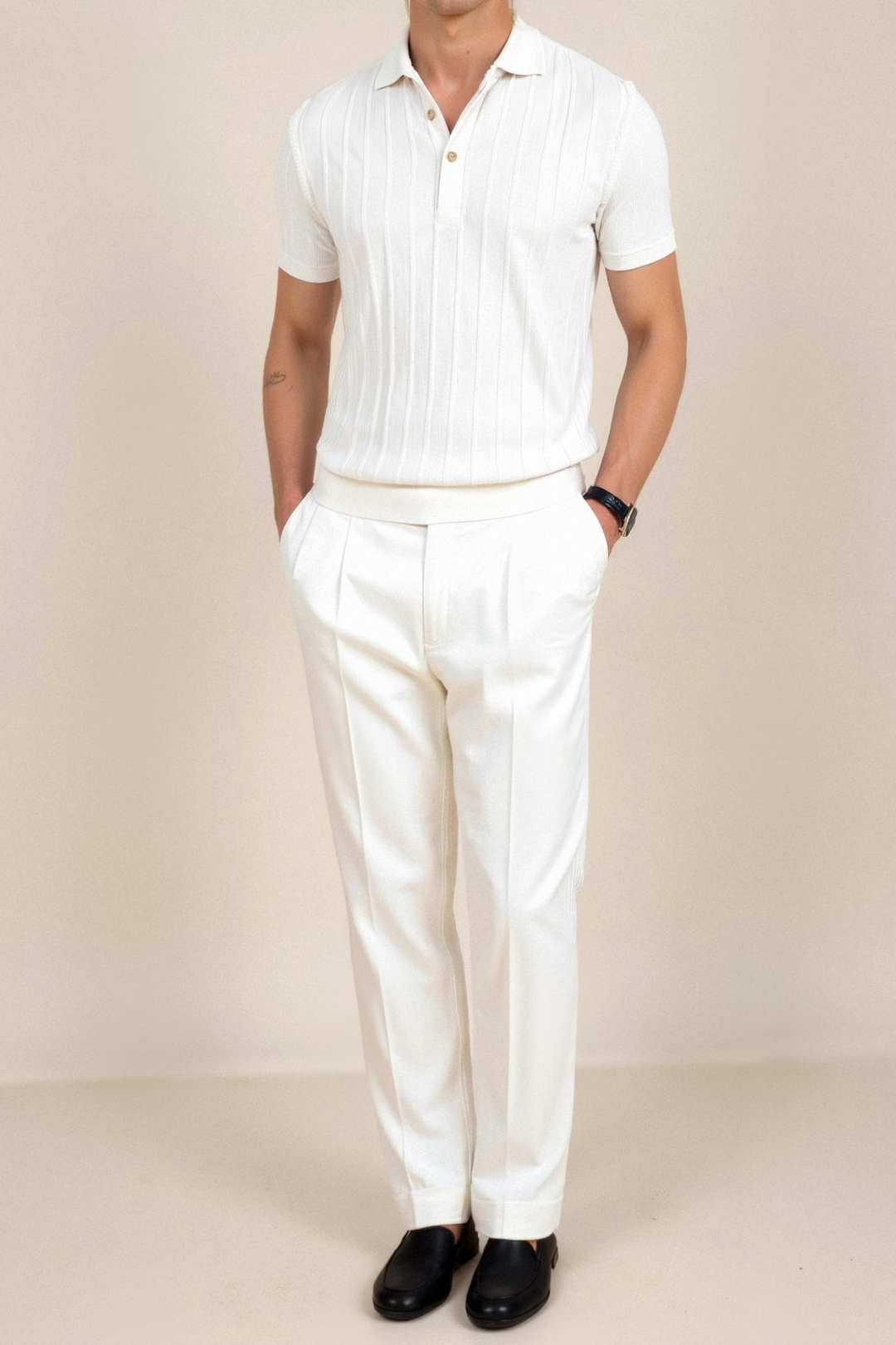 Vertical Ribbed Knit Polo in Viscose Blend