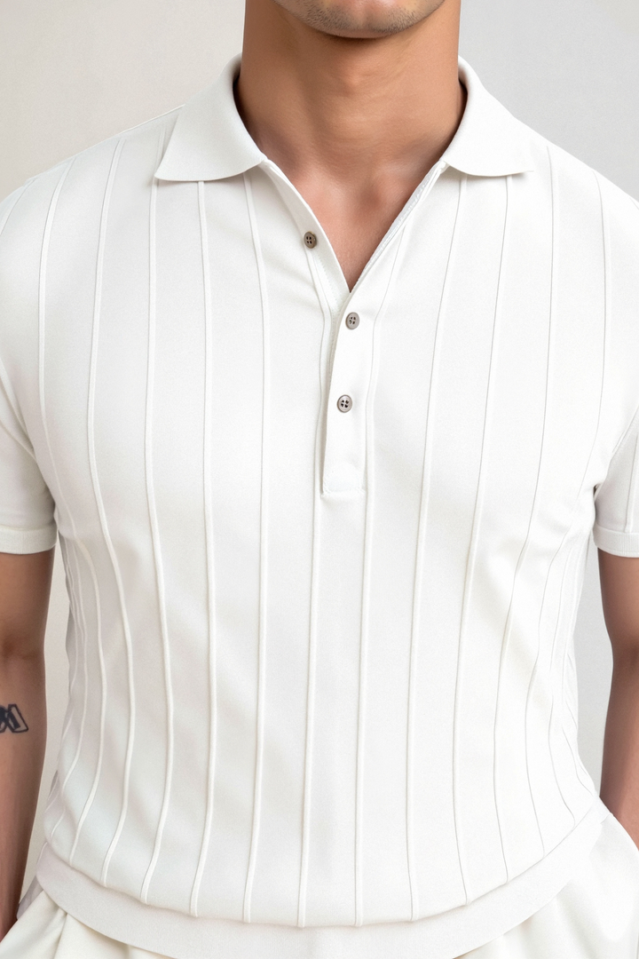 Vertical Ribbed Knit Polo in Viscose Blend