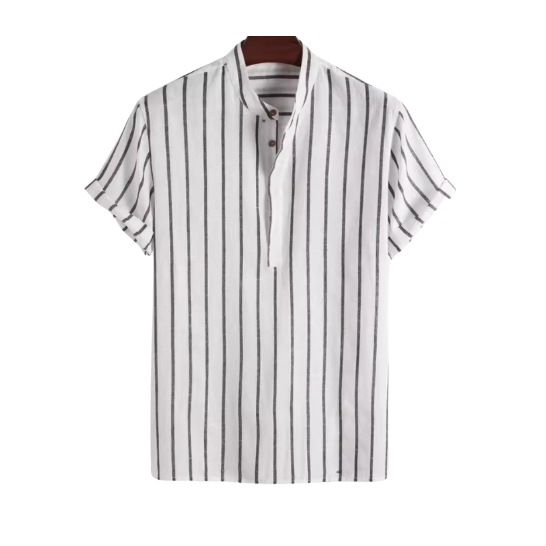 Band Collar Polo in Organic Cotton Striped Knit