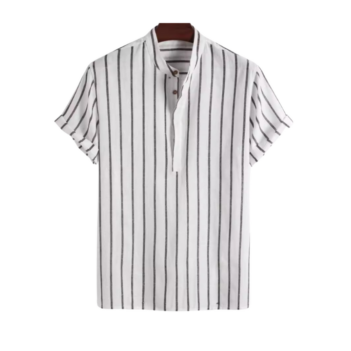 Band Collar Polo in Organic Cotton Striped Knit