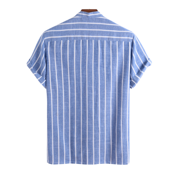 Band Collar Polo in Organic Cotton Striped Knit