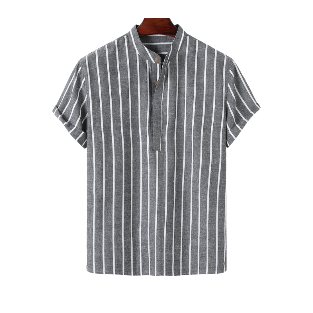 Band Collar Polo in Organic Cotton Striped Knit