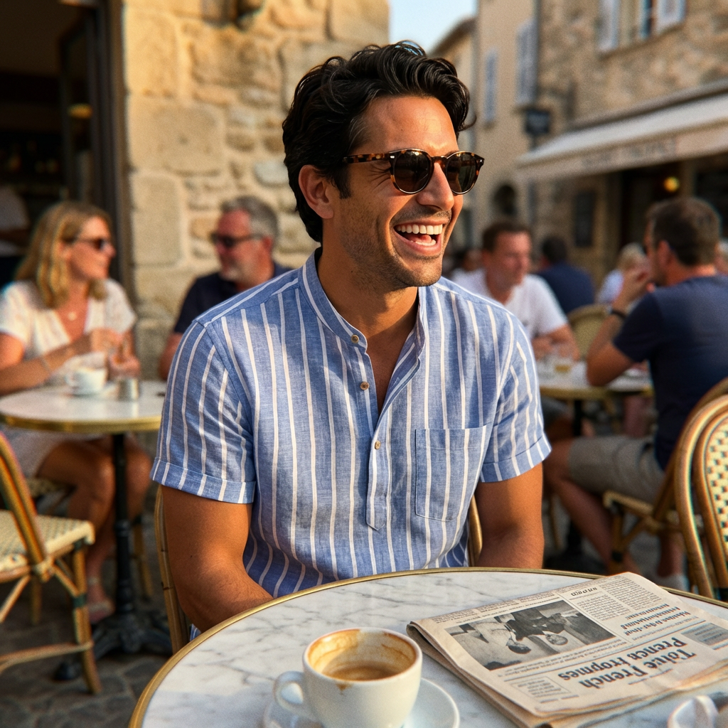 Band Collar Polo in Organic Cotton Striped Knit