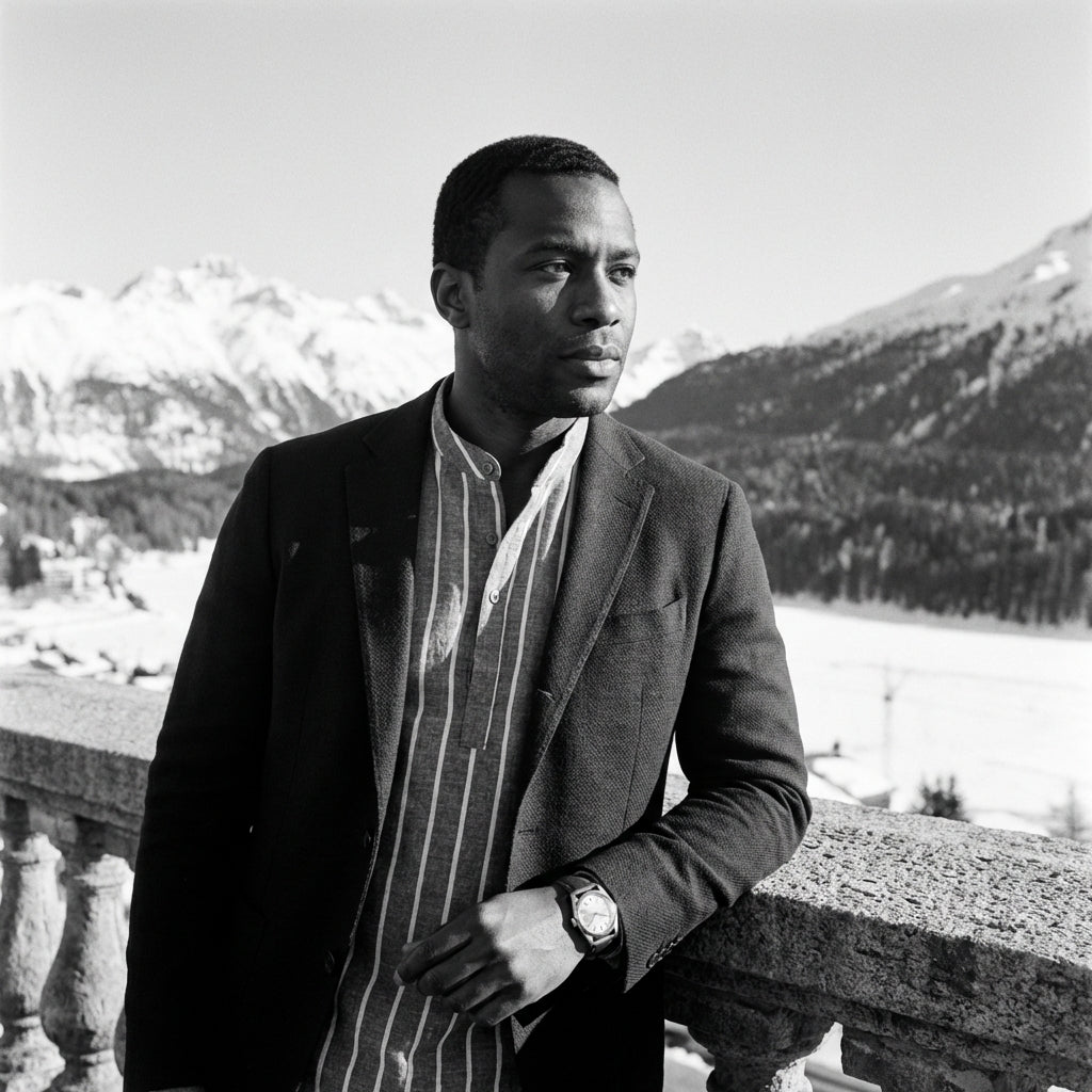 Band Collar Polo in Organic Cotton Striped Knit