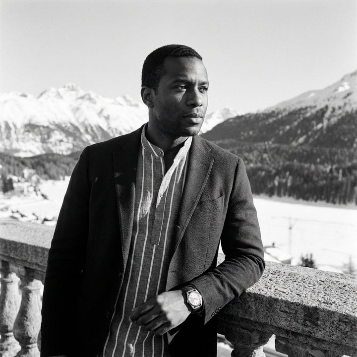 Band Collar Polo in Organic Cotton Striped Knit