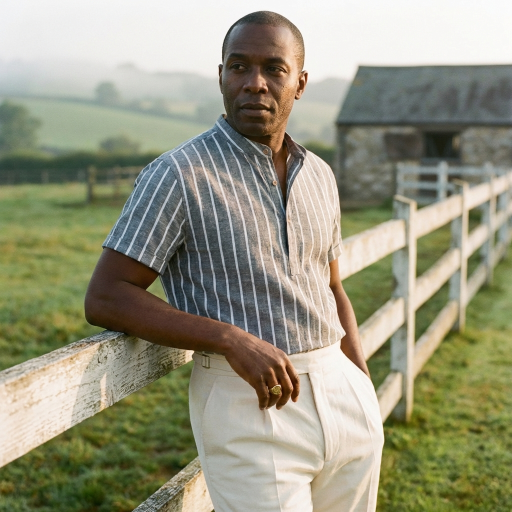 Band Collar Polo in Organic Cotton Striped Knit