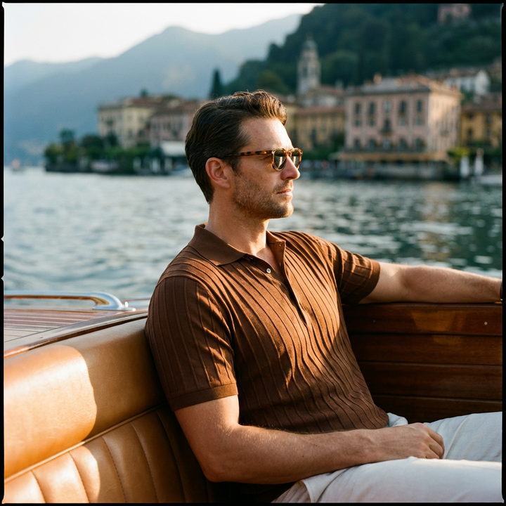 Vertical Ribbed Knit Polo in Viscose Blend