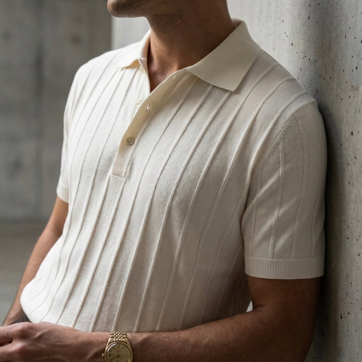 Vertical Ribbed Knit Polo in Viscose Blend