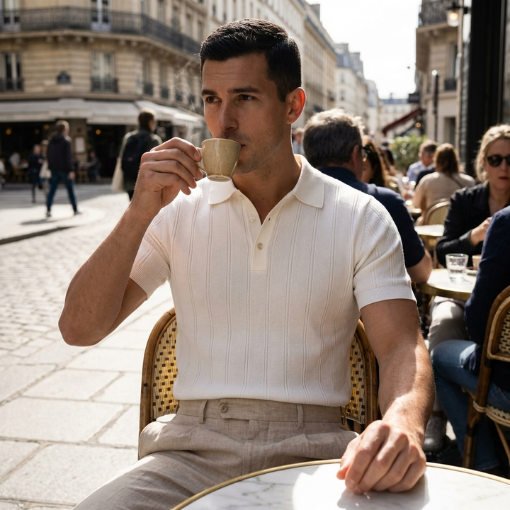 Vertical Ribbed Knit Polo in Viscose Blend