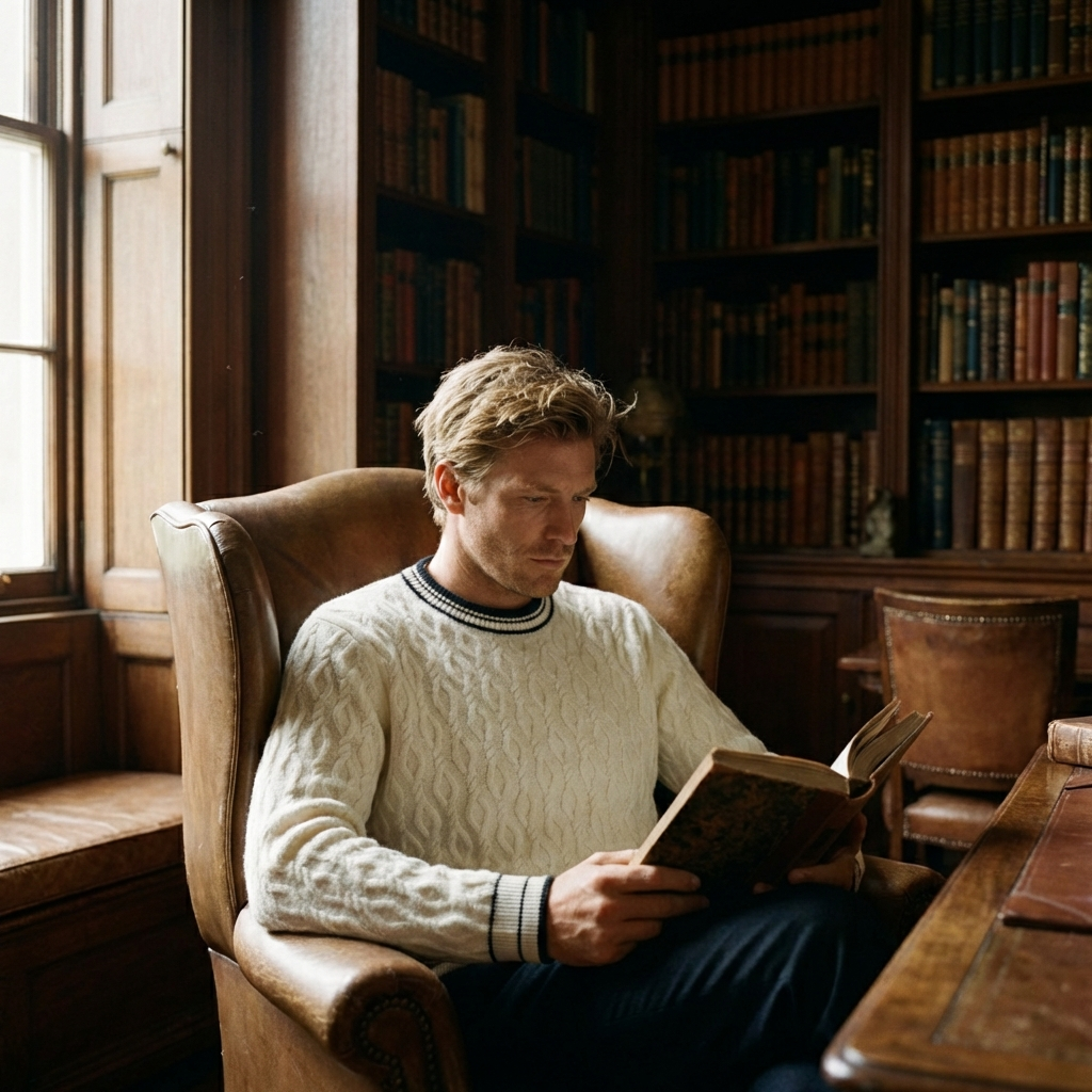 Jacquard Wool Crewneck Sweater with Contrast Tipping