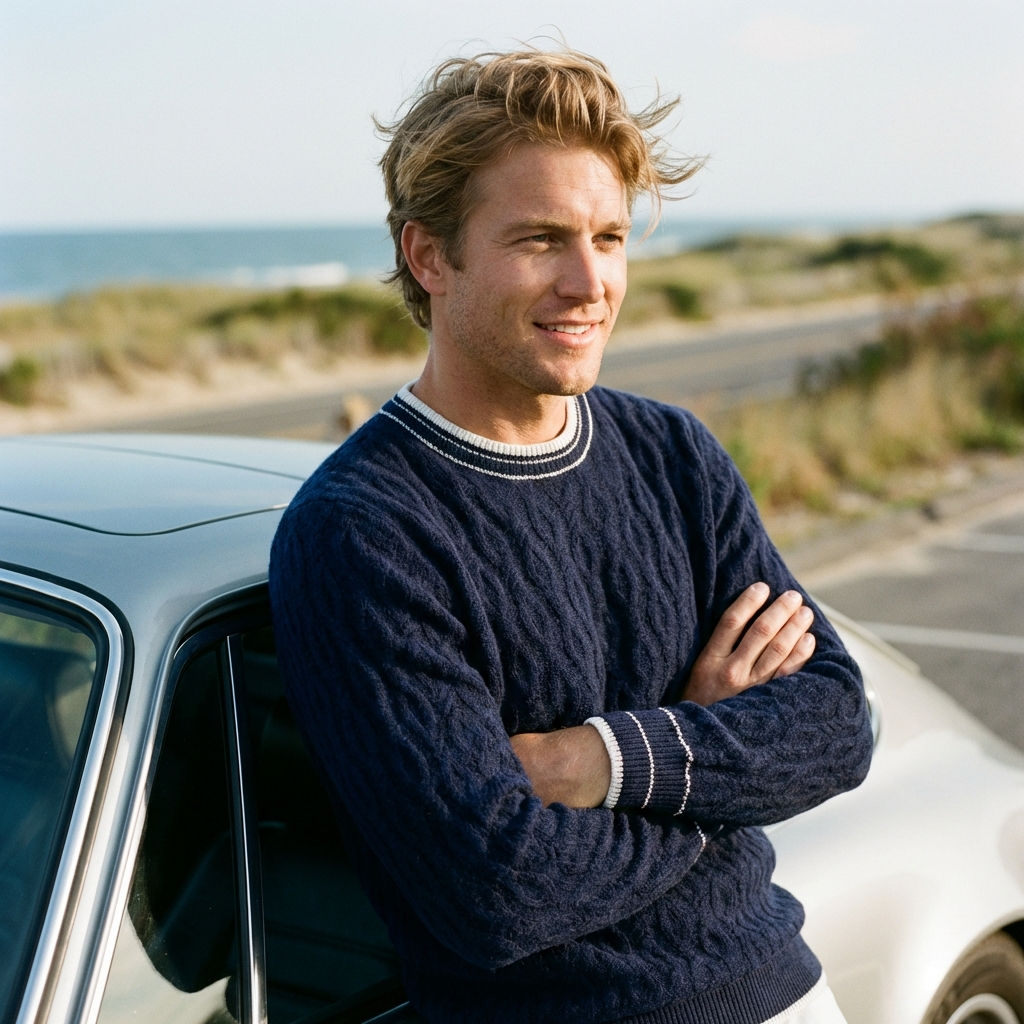 Jacquard Wool Crewneck Sweater with Contrast Tipping