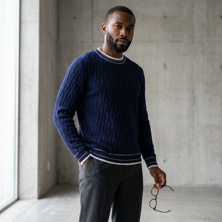 Jacquard Wool Crewneck Sweater with Contrast Tipping
