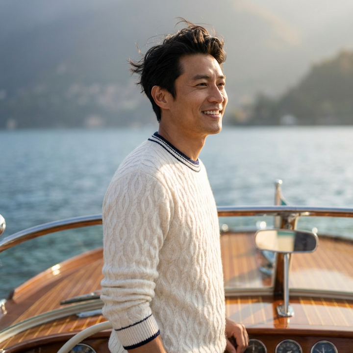 Jacquard Wool Crewneck Sweater with Contrast Tipping