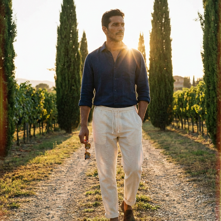 Tapered Fit Cotton-Linen Drawstring Trouser