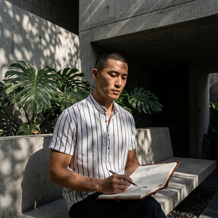 Band Collar Polo in Organic Cotton Striped Knit